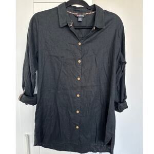 Sherpa Women's Black Hemp Blend Button-Up Roll Tab Sleeve Tunic Top, Size L, EUC